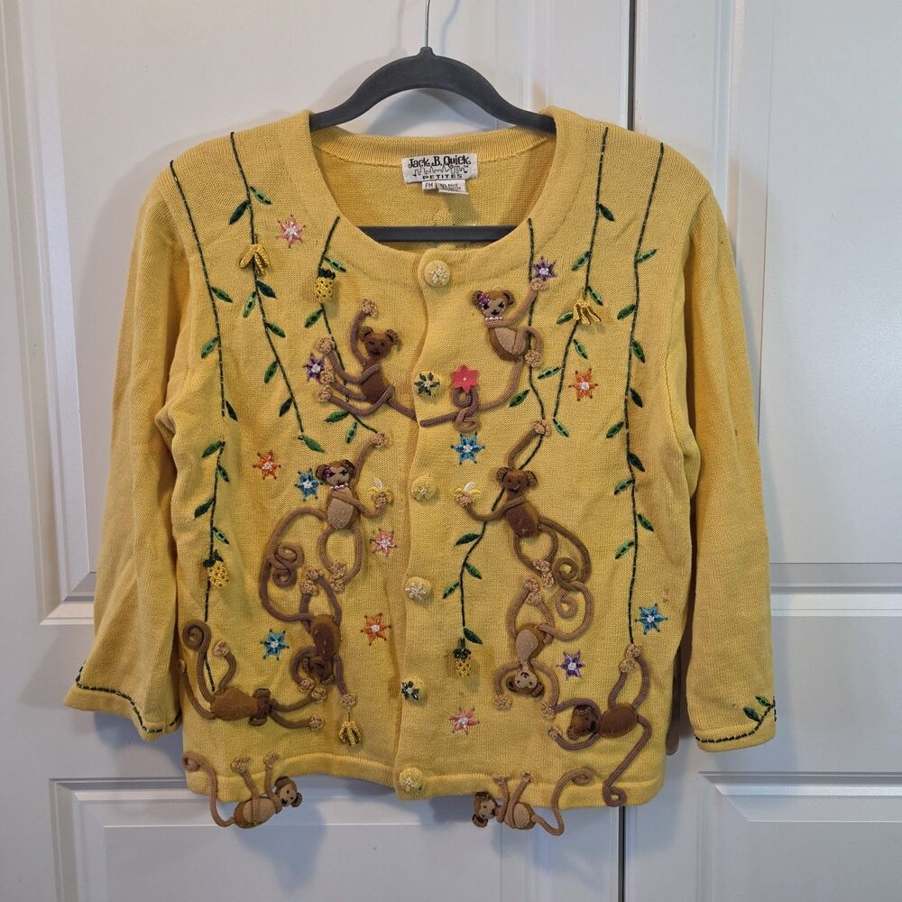 Vtg Whimsical Cottagecore Grannycore Ugly 3D Monkey Sweater - Size Petite Medium